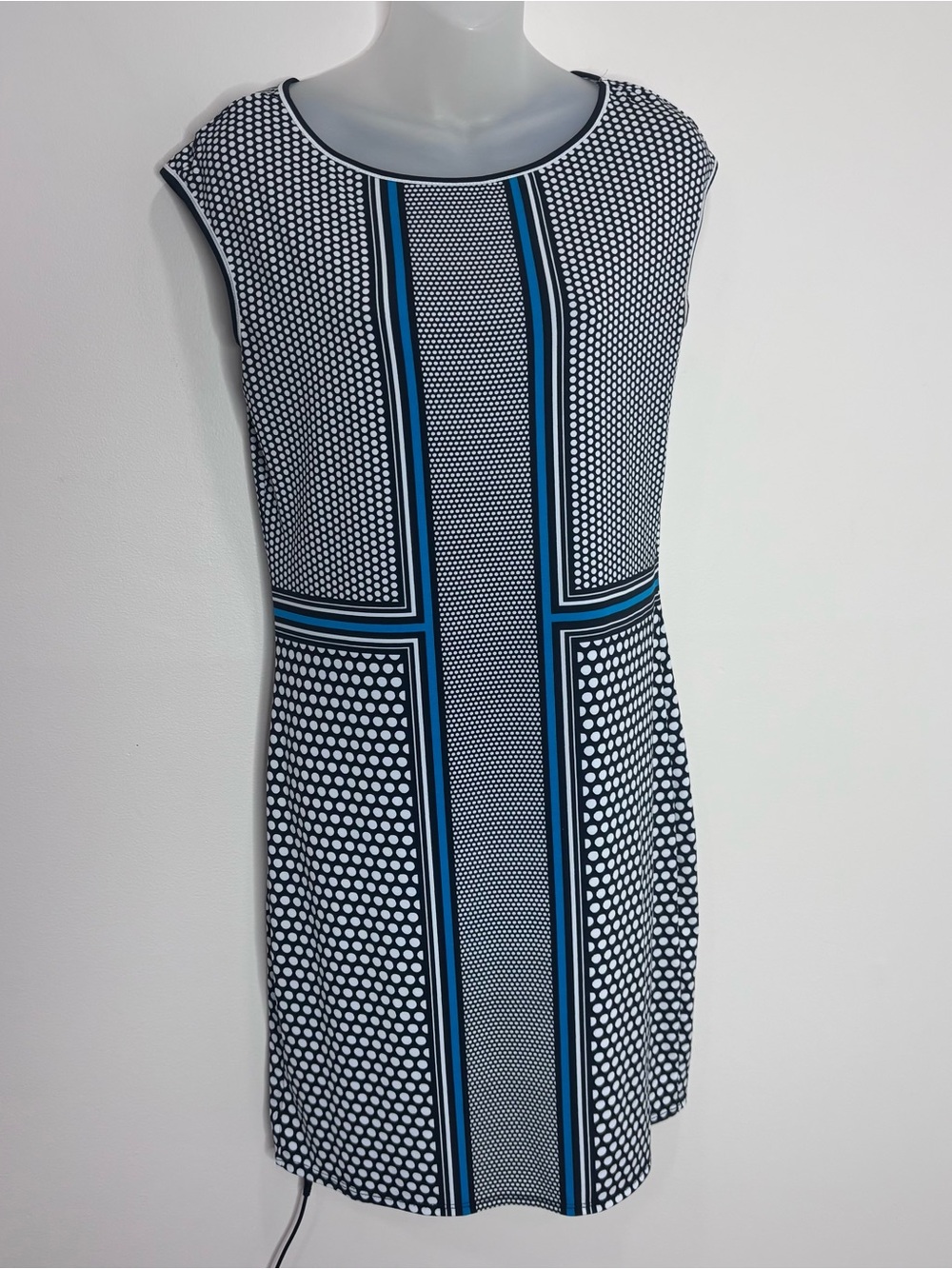 Max Studio Navy White Blue Geometric Polka Dot Shift Dress business XS